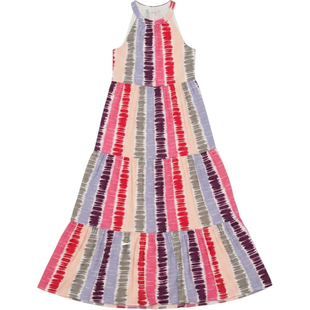 THML Multicolor Ikat Stripe Tiered Halter Maxi Dress Boho Prairie Festival